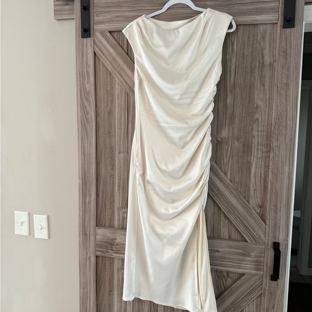 BHLDN Ivory Satin Ruched Midi Dress - Picture 2 of 3